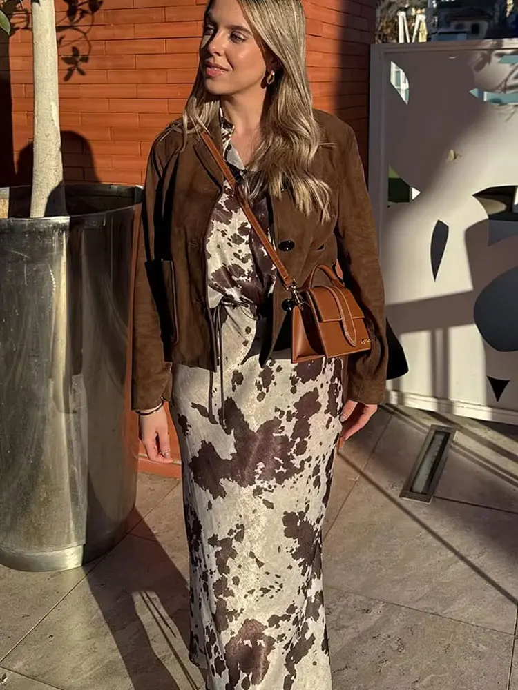 HH Abito da donna con stampa animalier alla moda primaverile da strada, maniche lunghe, risvolto, camicia monopetto + gonna a coda di pesce a vita alta legata