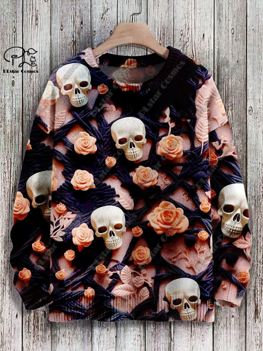 

PLstar Cosmos New 3D Printed Horror Series Colorful Skull Pattern Ugly Sweater Winter Street Casual Unisex K3
