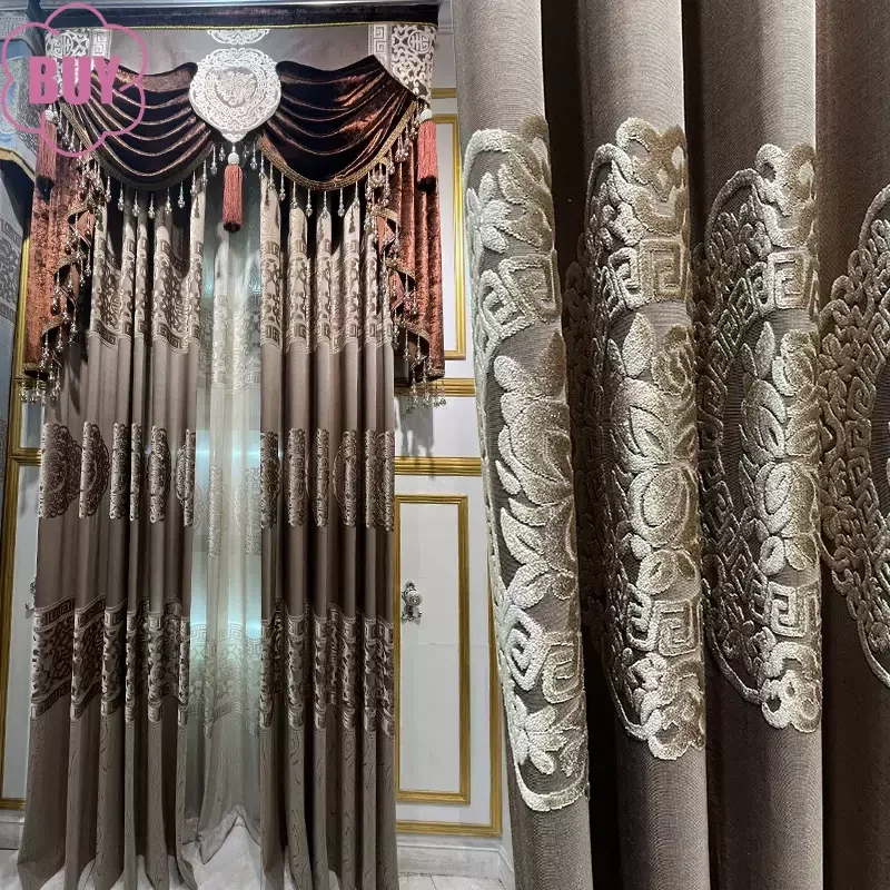 

Customized Red Brown Hollow Cut Velvet Embroidered Window Screen Curtains for Living Room Bedroom French Balcony Floating Window