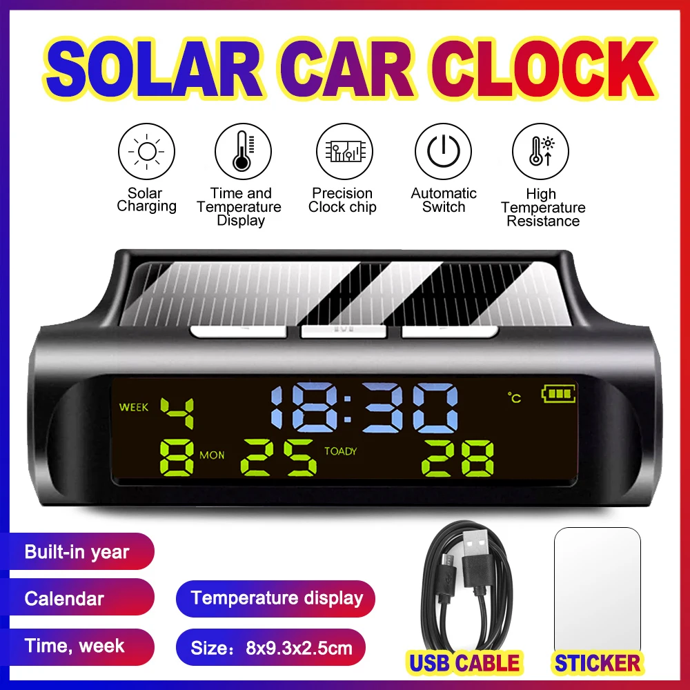 Solar Car Digital Car Clock Wireless Temperature Backlight with LCD Time Date Dashboard Indoor Temp Display