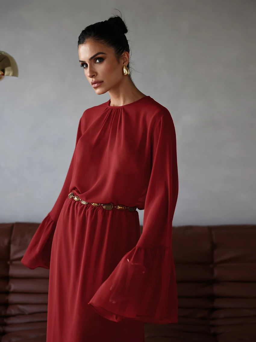 Marthaqiqi Chiffon Red Women Nightwear Suit Long Sleeve Nightgowns O-Neck Sleepwear Long Skrit Loose Ladies Pajamas 2 Piece Set