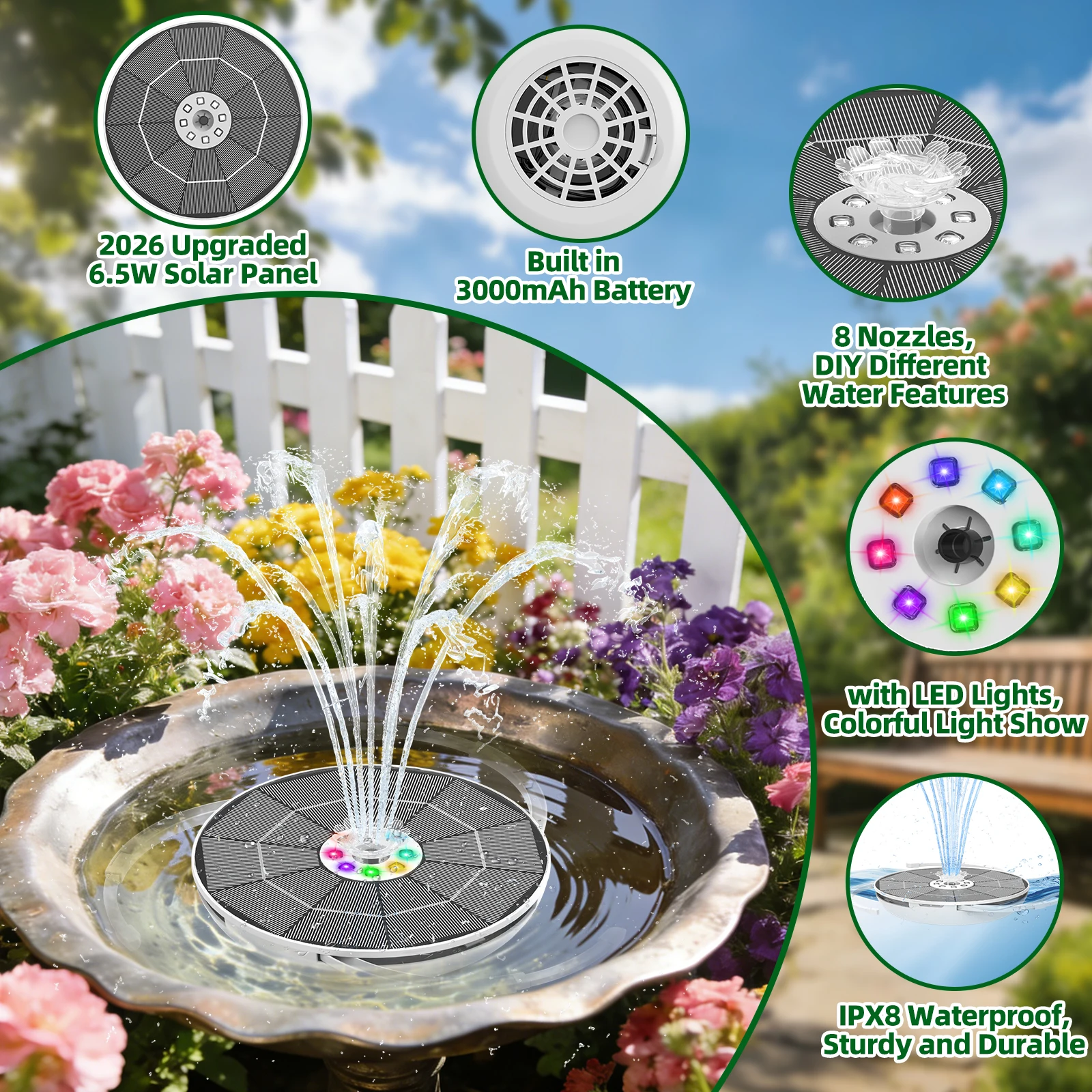 6.5W Solar Fountain Built in 3 - đánh giá và giá Smart Garden Lamp