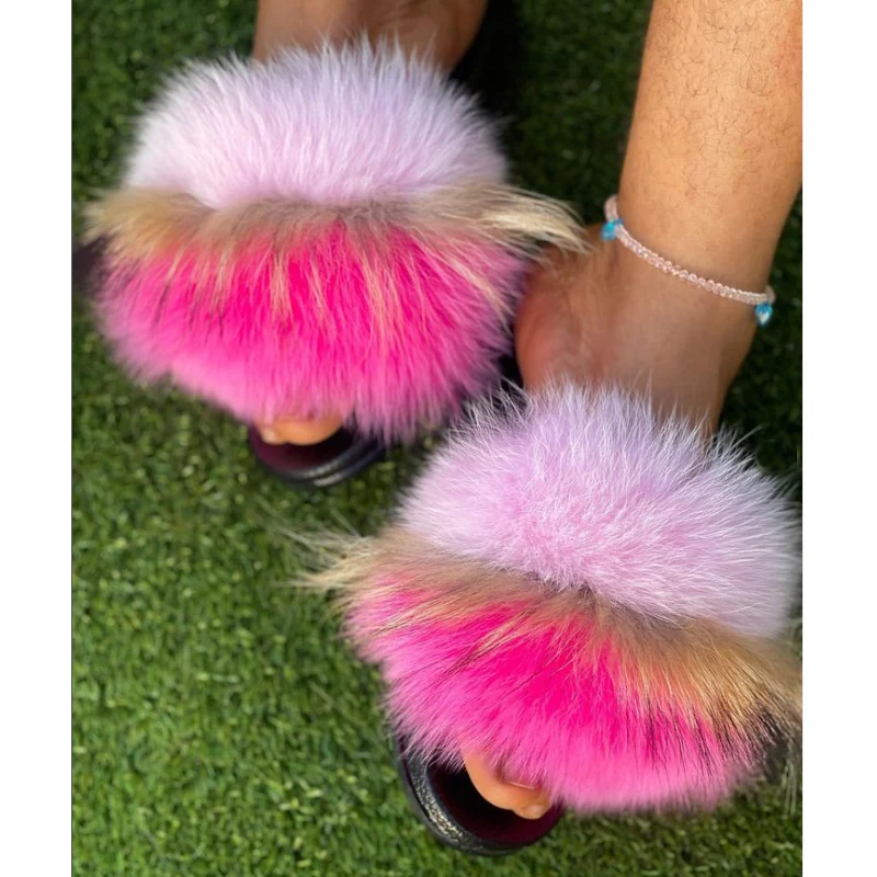 Summer Women Flat Fluffy Real Fur Slides For Women Girls Casual Slides Jelly Sandals Ladies Furry Slippers Female Flip Flops