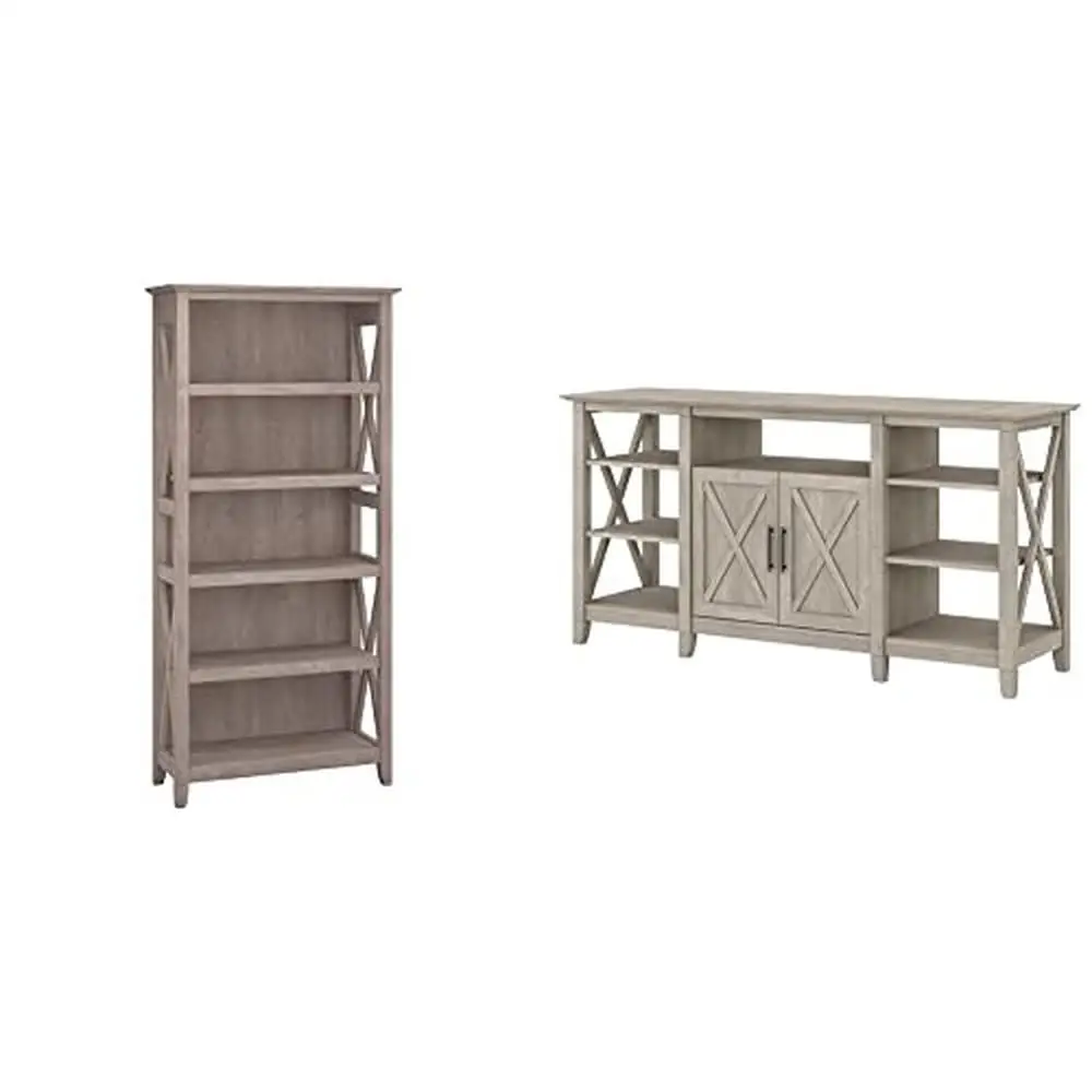 Adjustable 5 Shelf Bookcase with X Pattern Accent & Tall TV Stand with Concealed Storage in Washed Gray