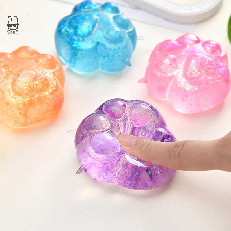 1Pc Kids Anti-stress Soft TPR Slow Rebound Sequins Pinch Toy Stress Relief Elastic Squeezing Colored Cat Paw Decompression Toys