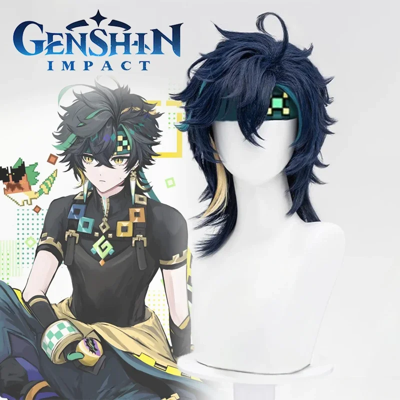 Game Genshin Impact Kinich Cosplay Costume Wigs Adult Men Bblackish Green Short Hair Heat Resistant Synthetic Wig Halloween Prop