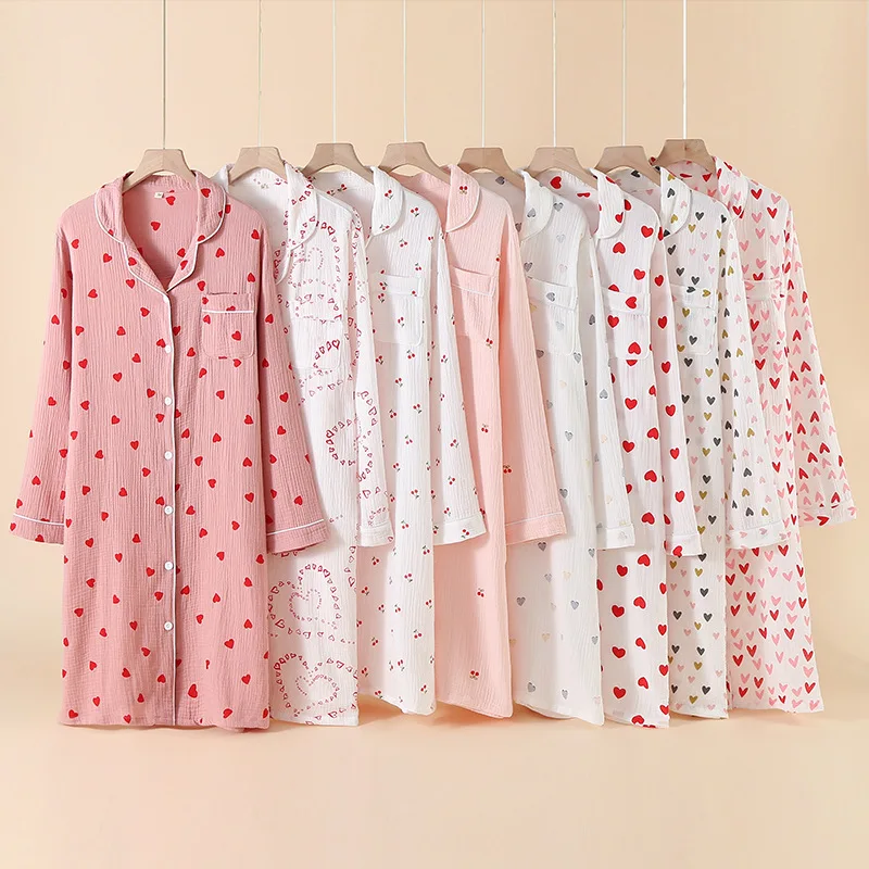 

Женское милое ночное платье с принтом, женская ночная рубашка из 100% хлопка, женская ночная рубашка с длинным рукавом и отложным воротником, удобное платье для сна