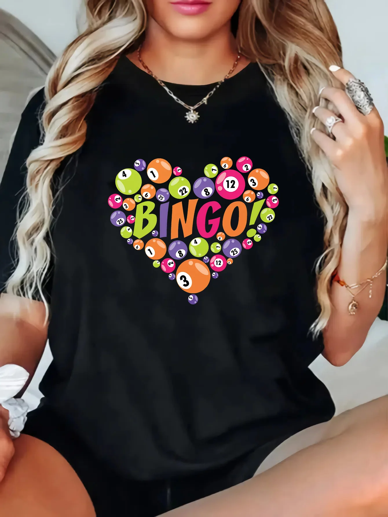 Casual Women's T-shirt with BINGO Print, Short Sleeves, Round Neck, and Slight Stretch