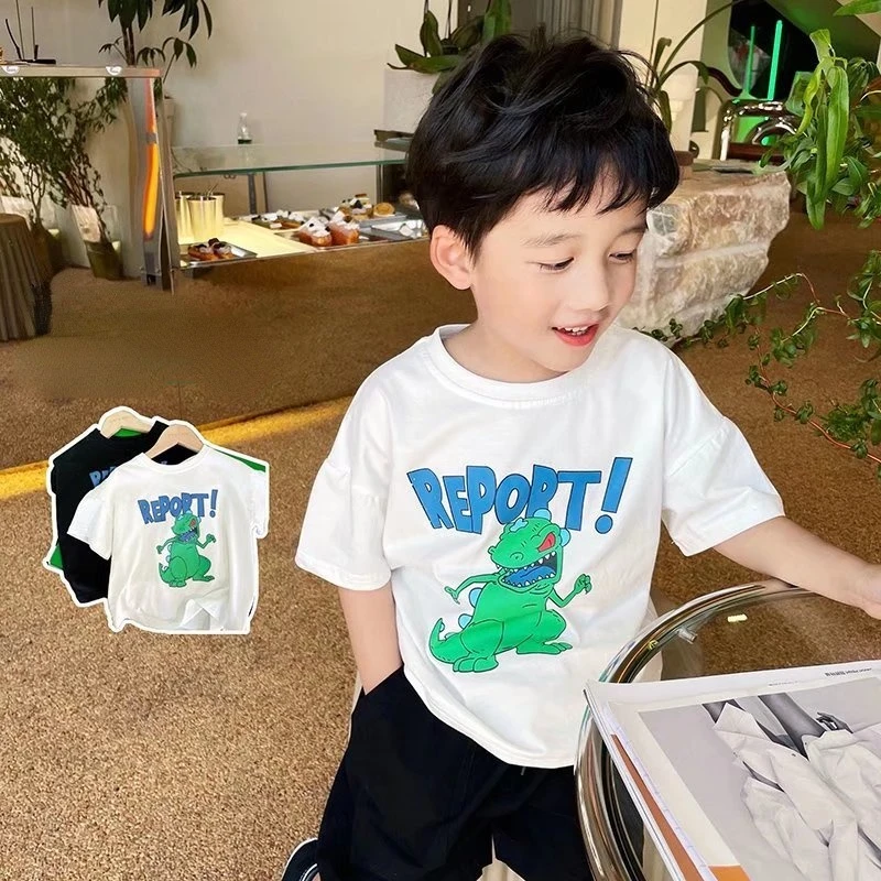 

Summer Handsome Cool Kids Boy Casual Cartoon Bear Print Trendy Children's Pure Cotton T-shirt Short Sleeve Toddler Tees Han Fan