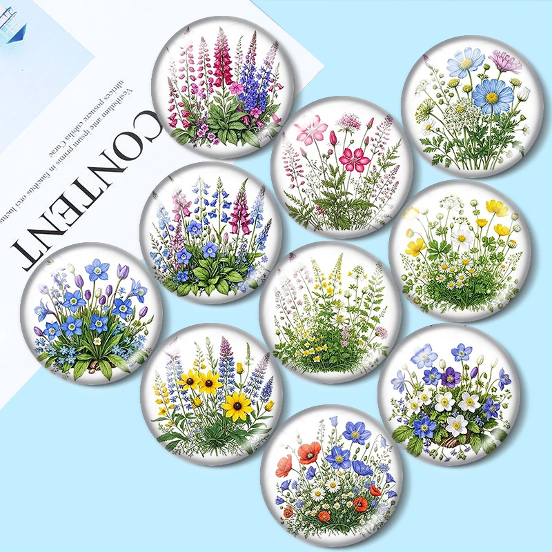Cabujones de cristal de 12/18/20/25mm con diseño de flores de prado en acuarela, para pulseras, colgantes, anillos, pendientes y como componentes para la fabricación de joyas