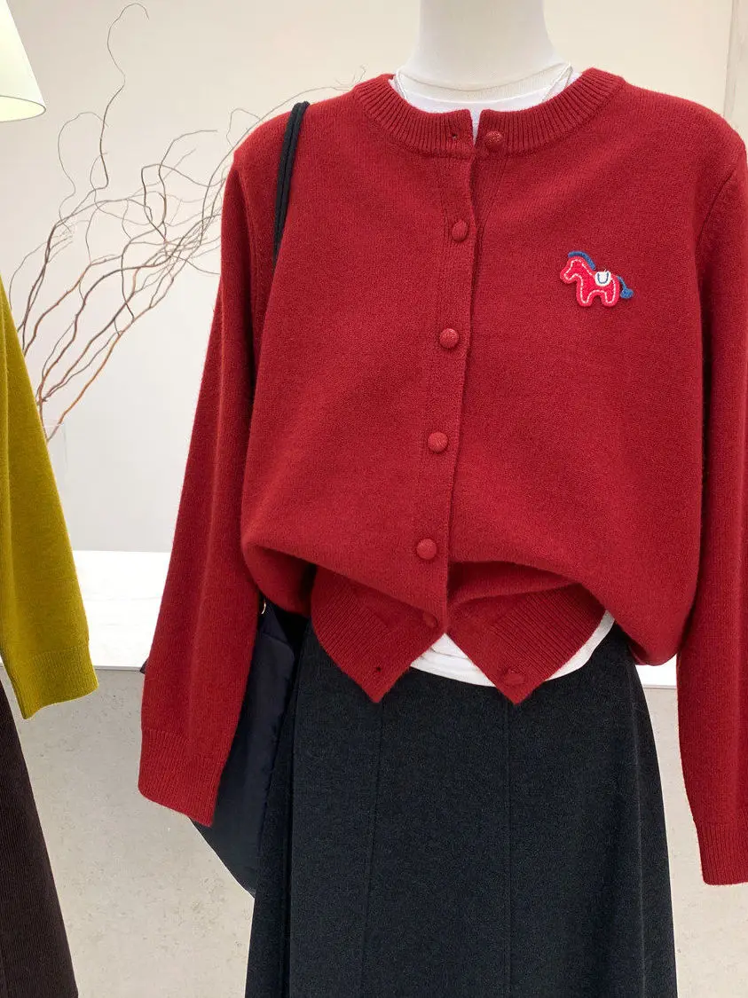 

Cartoon Embroidery Knitted Cardigan Women's Soft Cozy Spring New Year Red Slimming Sweater Jaet Korean Sle Long Sle...