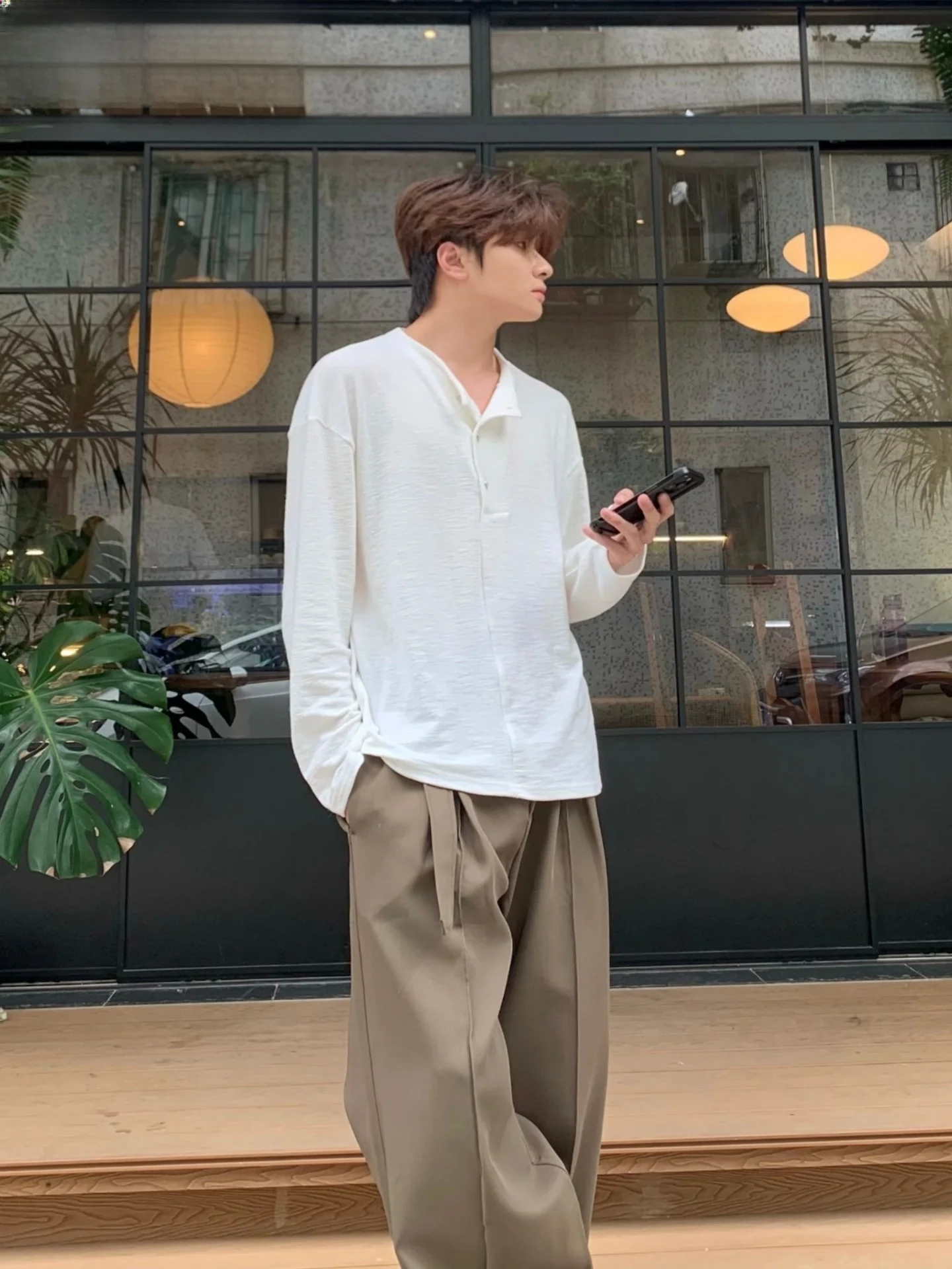 Loose Fit Long Sleeve Henry Collar T-Shirt Unisex Spring Autumn Simple Versatile Inner Wear Sun Protection Cover up