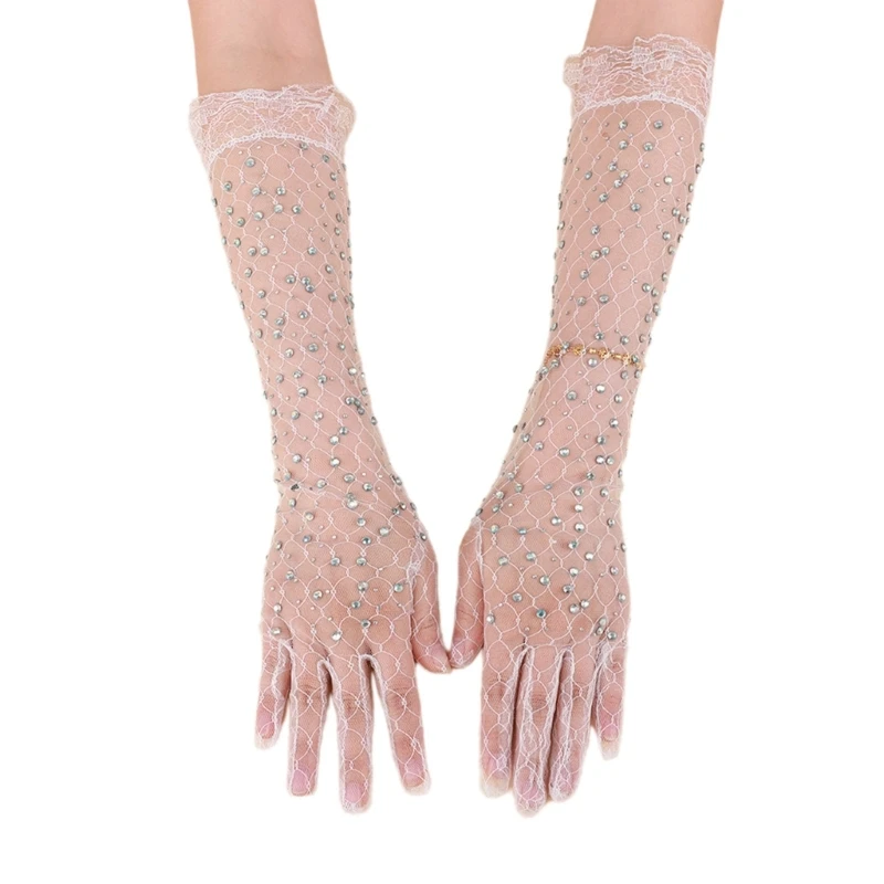 Lady Rhinestones Gloves Elegant Full Finger Mittens 1920s Flapper White Lace Bridal Wedding Gloves for Evening Banquet Party