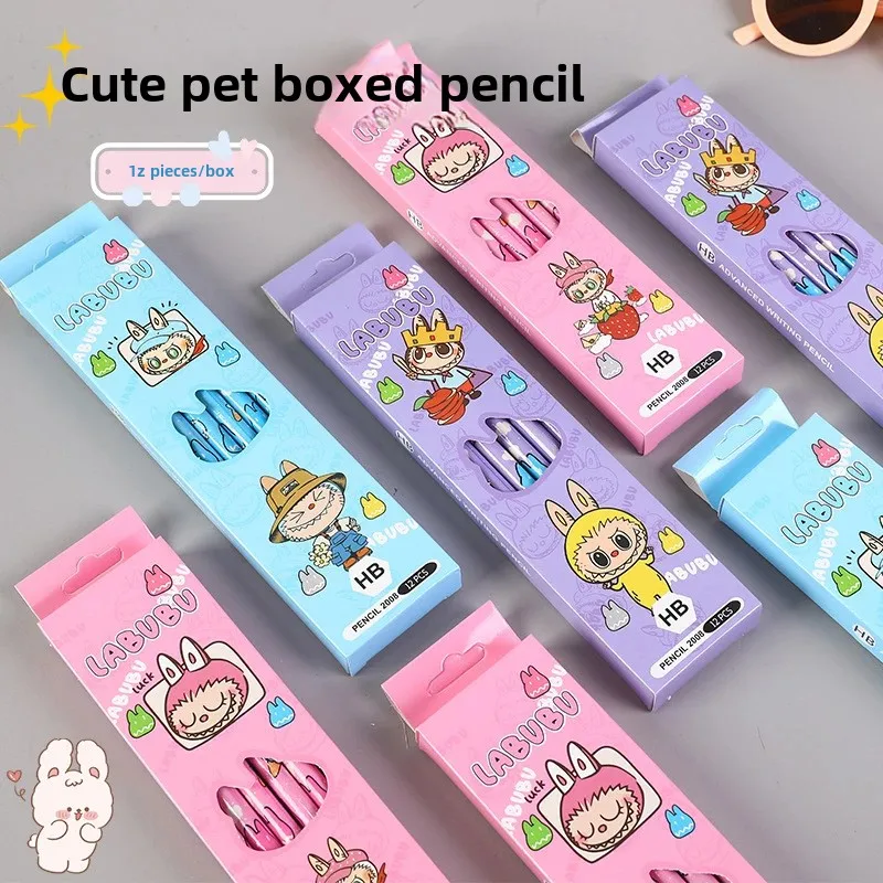 12pcs/Box Cartoon Labubu Pencil Writing Drawing Sketch Student Stationery HB Eraser Pencil School Supplies Child Holiday Gifts