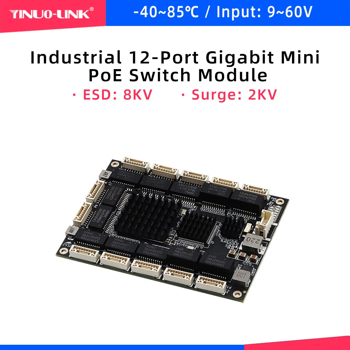 YINUO-LINK_YN-IES101201_Small Size 12-Port Gigabit Industrial Switch Module, 4PoE Ports IEEE802.3af/at for Rail Transit Inspecti