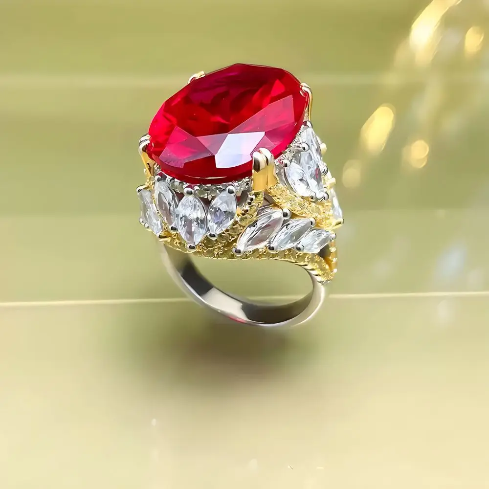 Retro Heavy Industry 925 Silver Luxury Artificial Ruby Ring Blue Sharp Crystal Red Jadeite Women's Ring