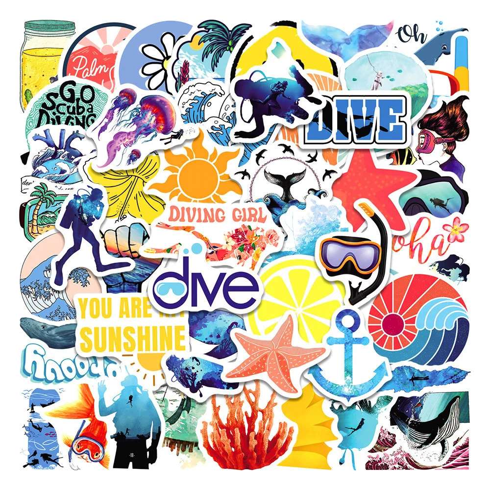 10/30/50PCS Summer Diving Cartoon Graffiti Waterproof Sticker Creative Decoration Trend Refrigerator Skateboard Guitar Wholesale