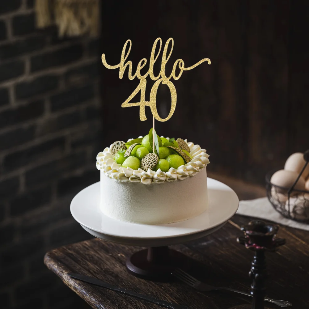 1 x goldener Hello 40-Kuchenaufsatz – elegante Geburtstagsdekoration für Kuchen und Cupcakes – schimmernde Party-Dekoration für den 40. Feier – Detail 2