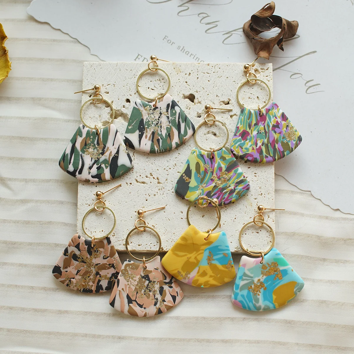 Pop Fashion Multi Colors Marble Pattern Shield Shape with Brass Ring Dangle Drop Polymer Clay Earrings Women's Accessories Daily