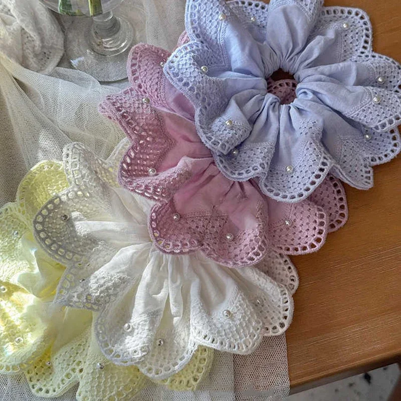 Süße Spitze Blumen Scrunchies High-End Haargummi Niedriger Pferdeschwanz Gummiband Dutt Haarseil Damen Perlenkopf Blumen Haarschmuck