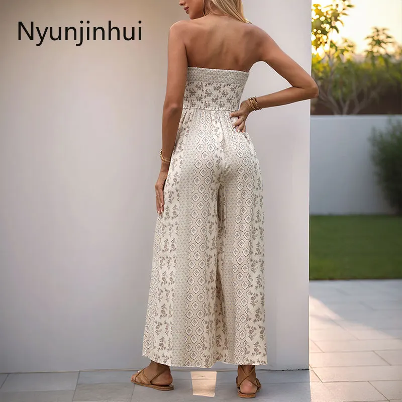 2025 신상 유럽 및 미국 여성 의류 휴가 스타일 민소매 튜브탑 기하학 프린팅 점프수트