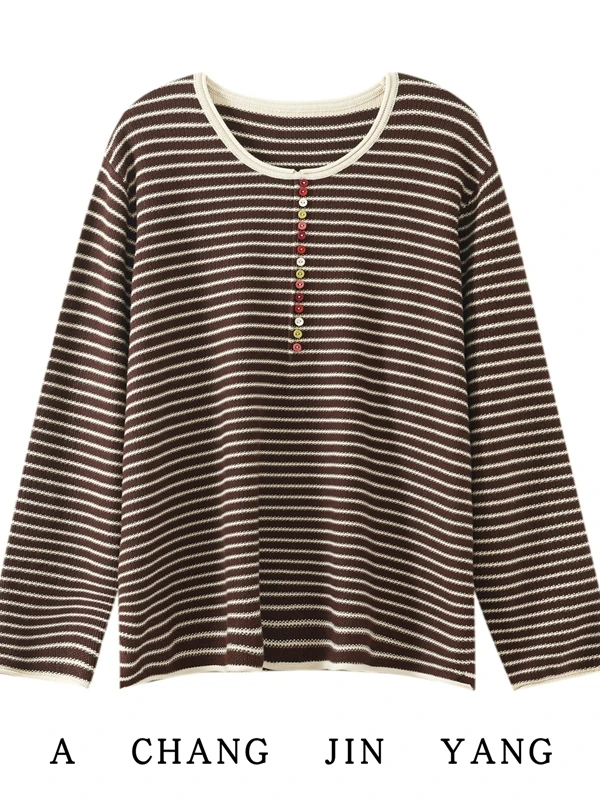 

Button round Neck Striped Knitwear Women's Loose Style Inner Shirt Sweater Casual Loose Fit Long Sleeve Autumn Winter