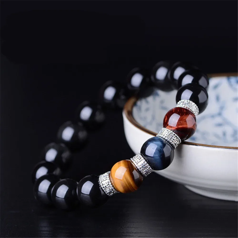 

Charm Tiger Eye Beads Bracelet for Men Women Natural Stone Obsidian Rainbow 8-14mm Around Beaded Unisex Lovers Bracelets Jewelry