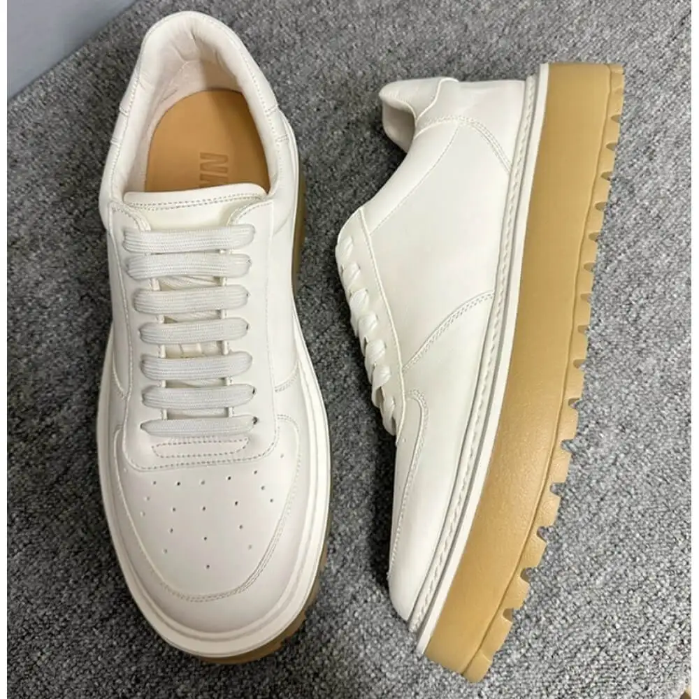 Pure White Leather Platform Sneakers, with caramel thick sole, stylish and versatile