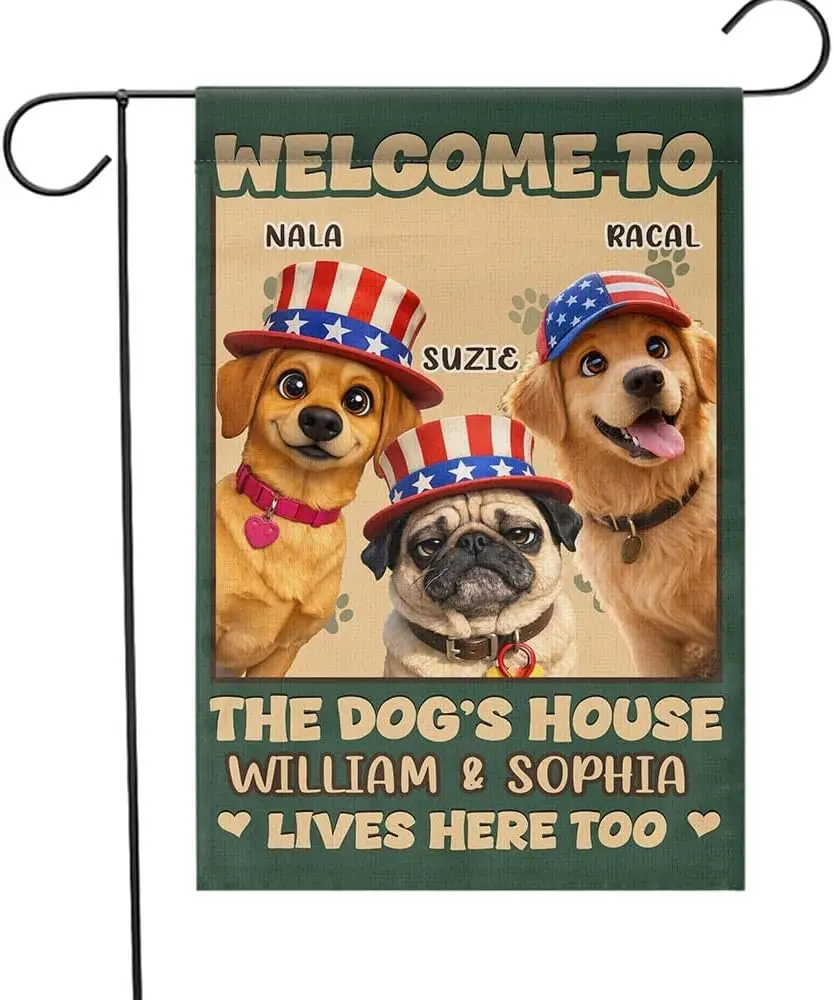 Personalized Patriotic Dog Garden Flag-Custom Pet Portrait with up to 8 photos-“Welcome” to the dog's house, American Fl jjp