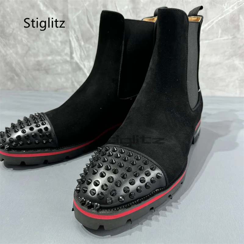 Black Frosted Rivet Ankle Boots Men's Low-Heeled Elastic Stylish Winter Boots Casual High-Top Wear-Resistant Booties for Men