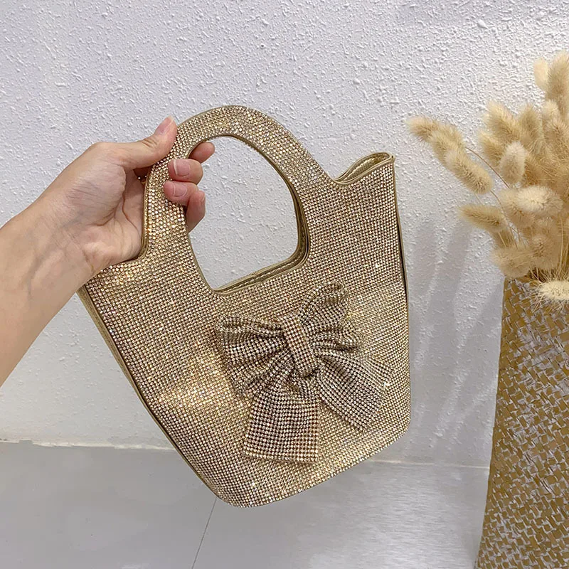 

Stylish French shiny inflexible diamond-encrusted bow bucket bag, simple celebrity personalized portable messenger bag