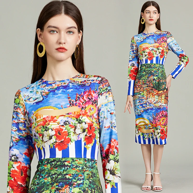 Runway Fashion Striped Landscape Painting Bodycon Dress Women Holiday O-Neck Long Sleeve Elegant Split Midi Vestidos 574