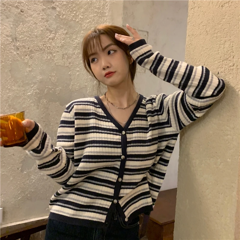 S-5XL Striped Cardigan Women Elegant Korean Commuting Style Daily Trendy V-neck Chic Temperament Knitwear Classic Contrast Color