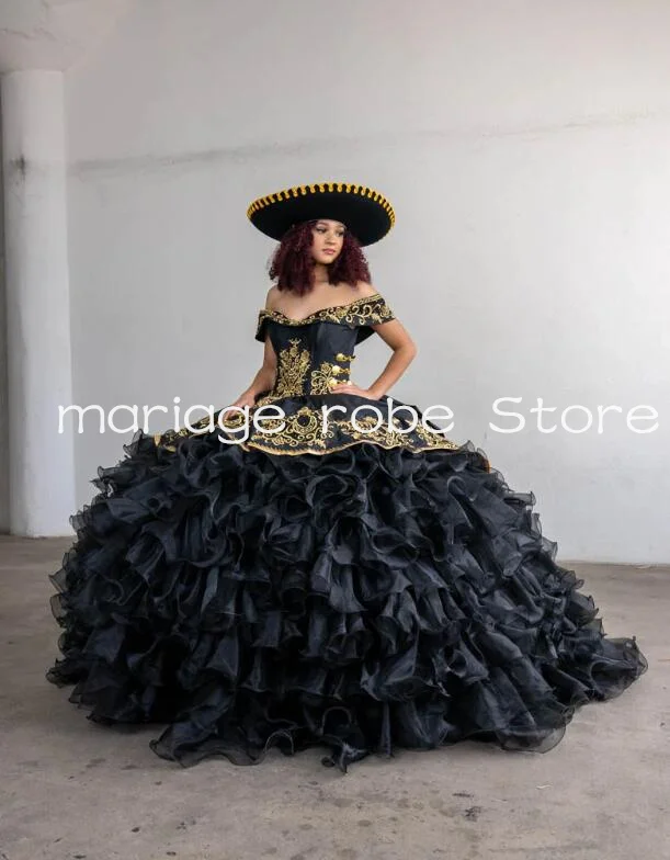 Ruffled Charro Off Shoulder Ball Gown Quinceanera Dresses Black Gothic Gold Embroidery Applique Corset vestido de 15 anos