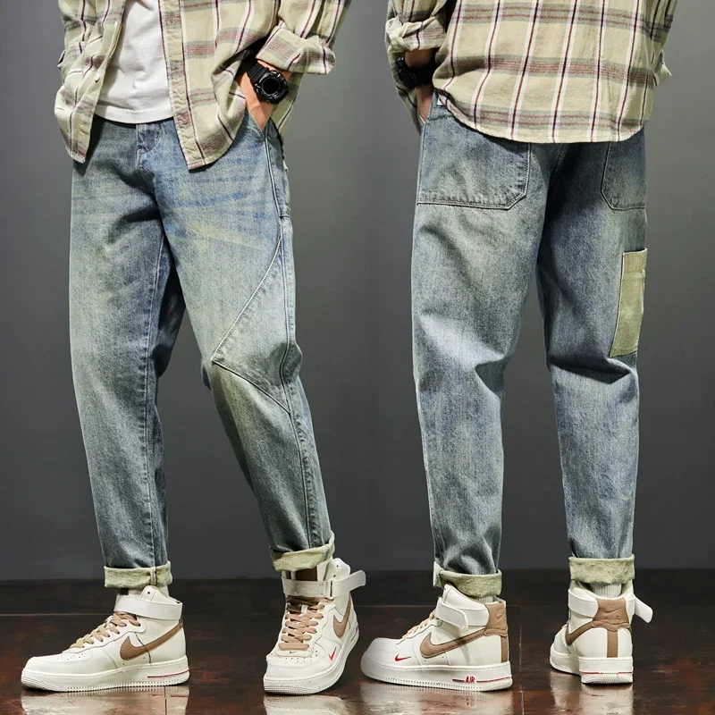 

Джинсы мужские свободного покроя в стиле ретро, весна 2024, широкие брюки, джинсовые брюки, модные мешковатые мужские брюки в Корейском стиле с боковым карманом, S55