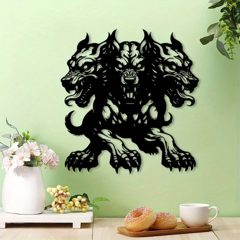 Greek Mythology Cerberus Wall Art, Ferocious Three-Headed Dog Decor, Iron Statue for Man Cave Game Room