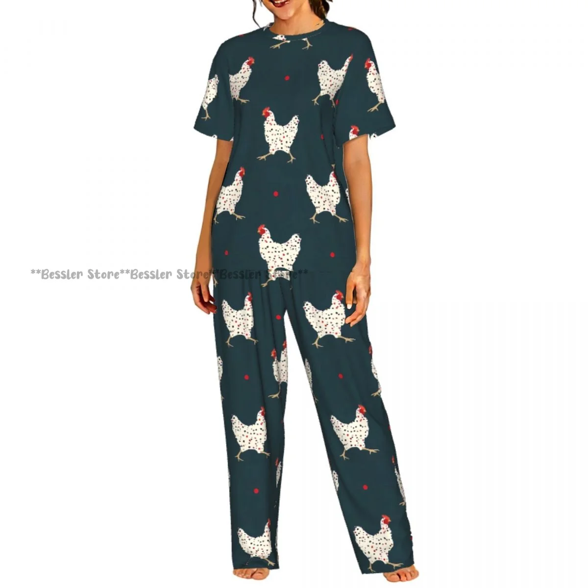 

Women's Cute Hens Chicken Print short sleeve trousers casual pajamas set