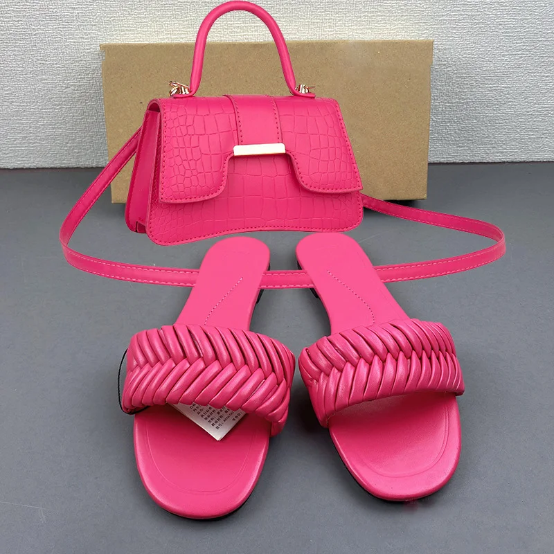 

Женские летние новые креативные тапочки на плоской подошве, большие однотонные домашние тапочки, модная сумка в форме полумесяца, комплект сумки на плечо