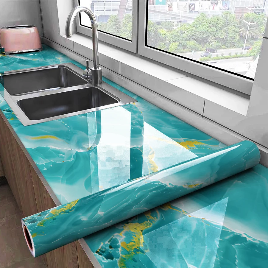 

Blue Kitchen Sticker Household Marble Self-adhesive Wallpaper Waterproof and Oil Resistant PVC Wall Sticker Self-adhesive