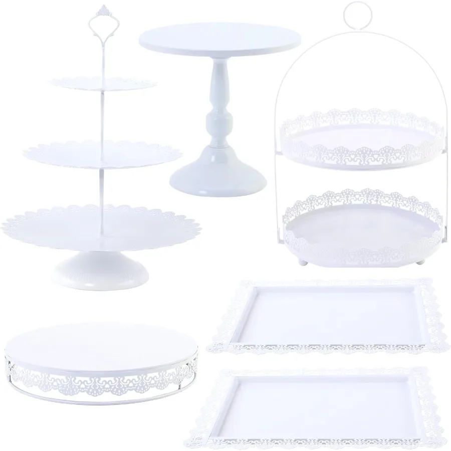 

6 Pcs White Cake Stands Set QENUIITEA Cake Display Pedestal Tiered Cupcake Holder Dessert Plate Serving Tower Tray Decorative f