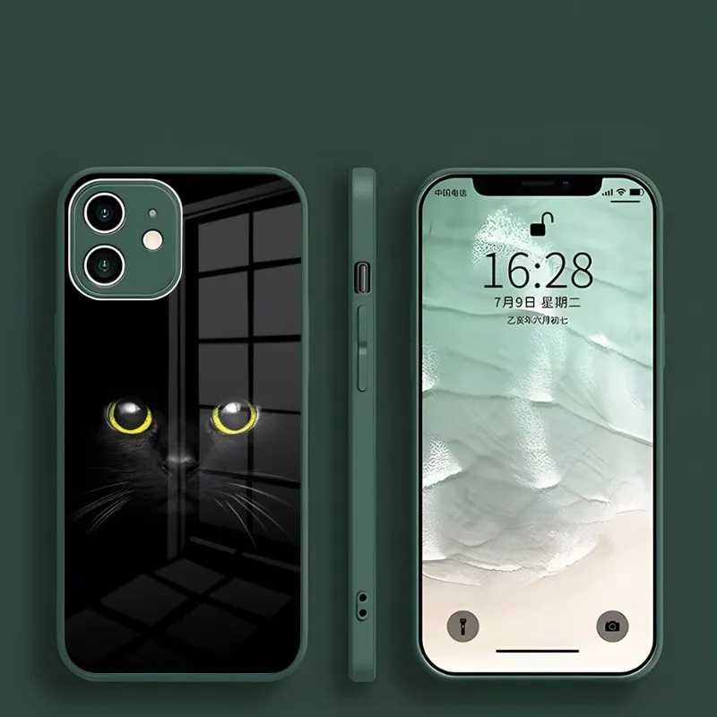 Black Cat Staring Eye On Phone Case For Iphone 15 14 13 Pro Max 12 11 Xr X Xs Mini 6 7 8 Plus Se Dark Night Green Glass