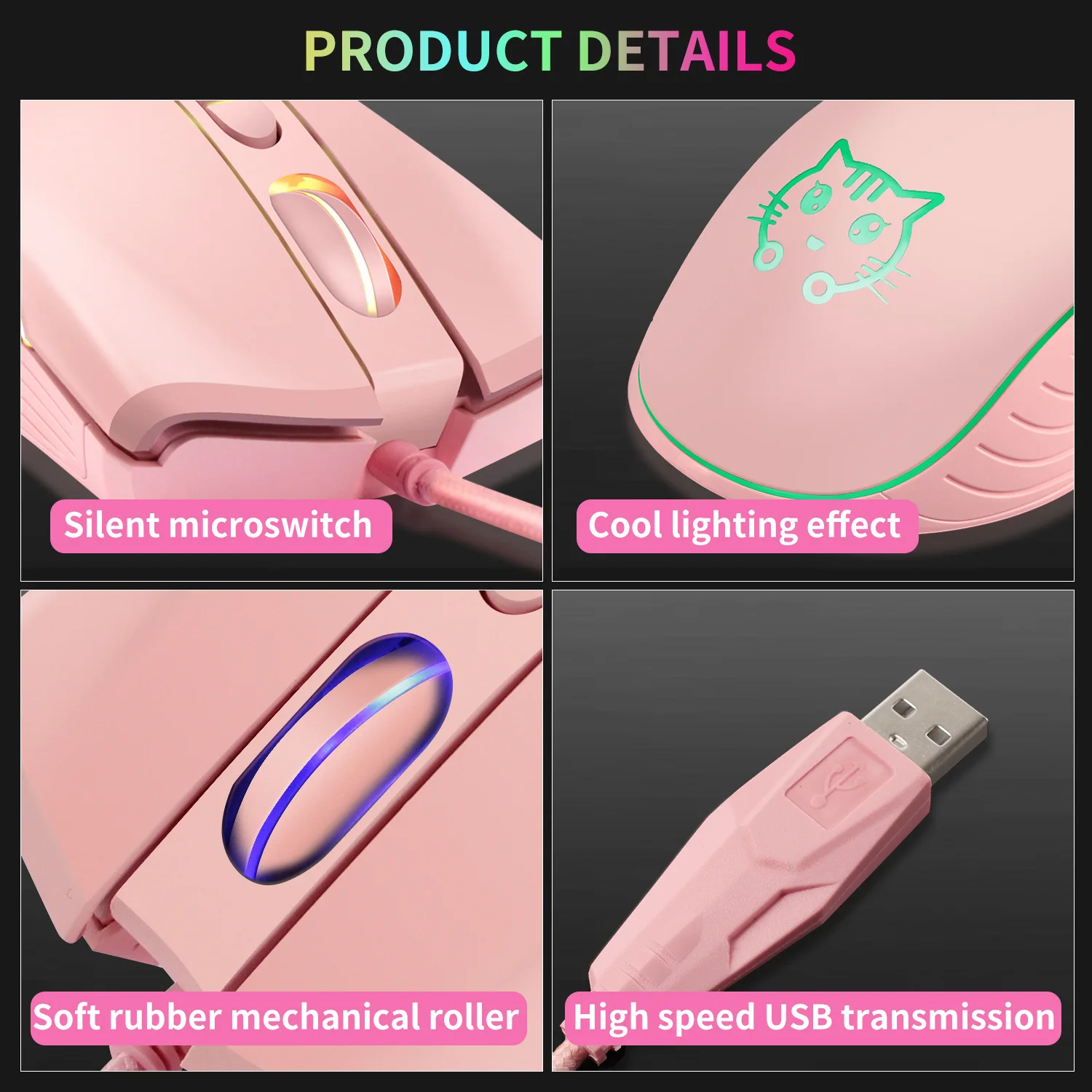 Wired Gaming Mouse RGB Lighting Effect Mute Keys 4 Levels DPI Cute Cat Mouse For Big Hand Play Game Office Use Mause