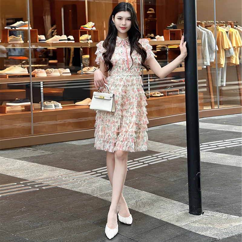 Ofallsis Luxury Boutique Mesh Printed Small Fragrant Wind Elegant Cuihua Cake Dress 2024 Summer Slim Fit Short Sleeve Dresses