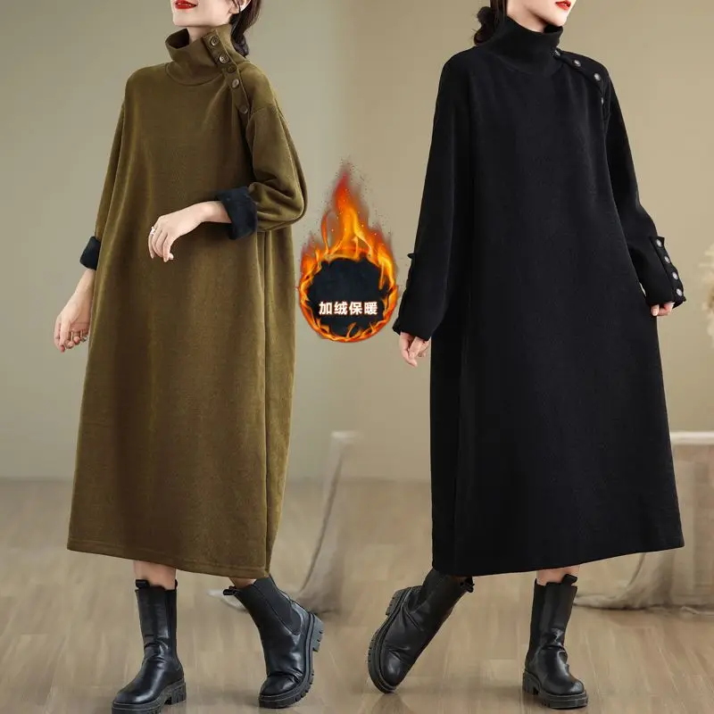 

Осень-зима, новое модное мешковатое платье больших размеров для мамы, универсальная нижняя юбка, женское утолщенное офисное платье на флисовой подкладке C230