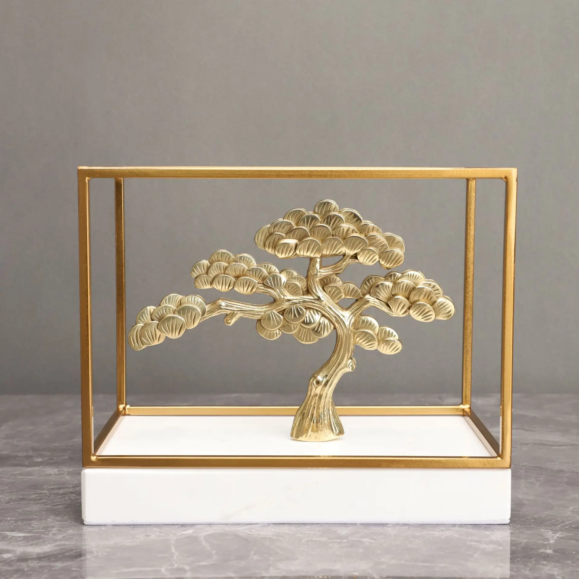 Metal Sculpture Golden Tree Marble Base Pine Welcome Frame Ornament Decorative Figurines Home Decoration Accessories