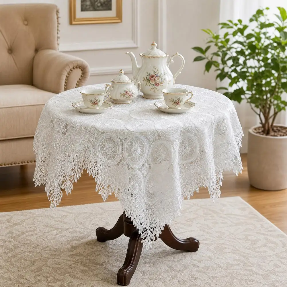 White lace tablecloth, vintage coffee table cloth, round table, bedside table, sofa, refrigerator cover cloth, pastoral