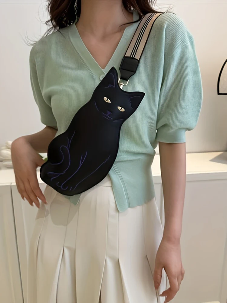 Outdoor-Reise Schwarze Katzenförmige Brusttasche Niedliche Cartoon-Anime-Umhängetasche Kunstleder Crossbody-Tasche – Detail 1