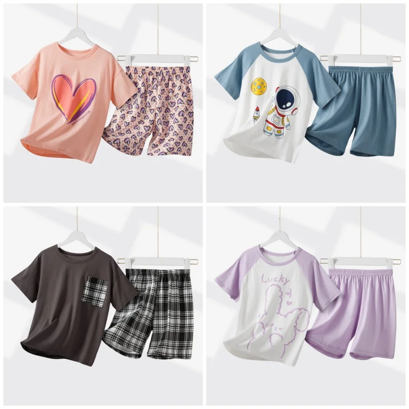 Parent-child Summer Pajamas Set Cotton 120-180cm Mesh Fabric T-Shirts + Shorts Loungewear Set for Spring Summer