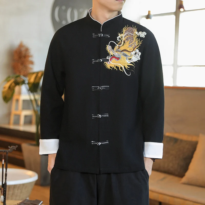 

Men Shirts Kungfu Tai Chi Long Sleeve Chinese Style Golden Dragon Embroidered Retro Linen Cardigan Tang Suit Men Traditional Top