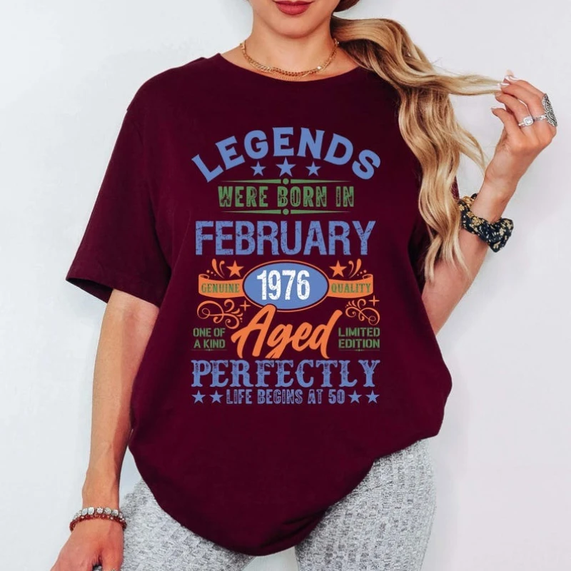 Legends Were Born in 1976 50th Birthday Gift Tee Women and Men Custom Birth Month Graphic T-Shirt Casual Regular Short Sleeve